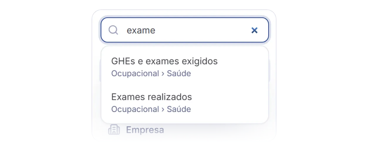 Busca de páginas no menu lateral, com as telas encontradas e o caminho de cada uma