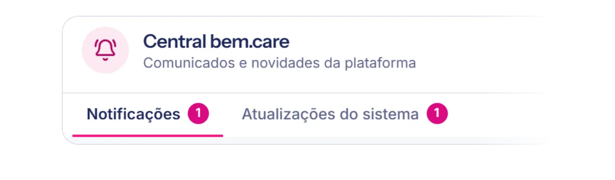 Cabeçalho da Central bem.care, com as abas Notificações e Atualizações do sistema
