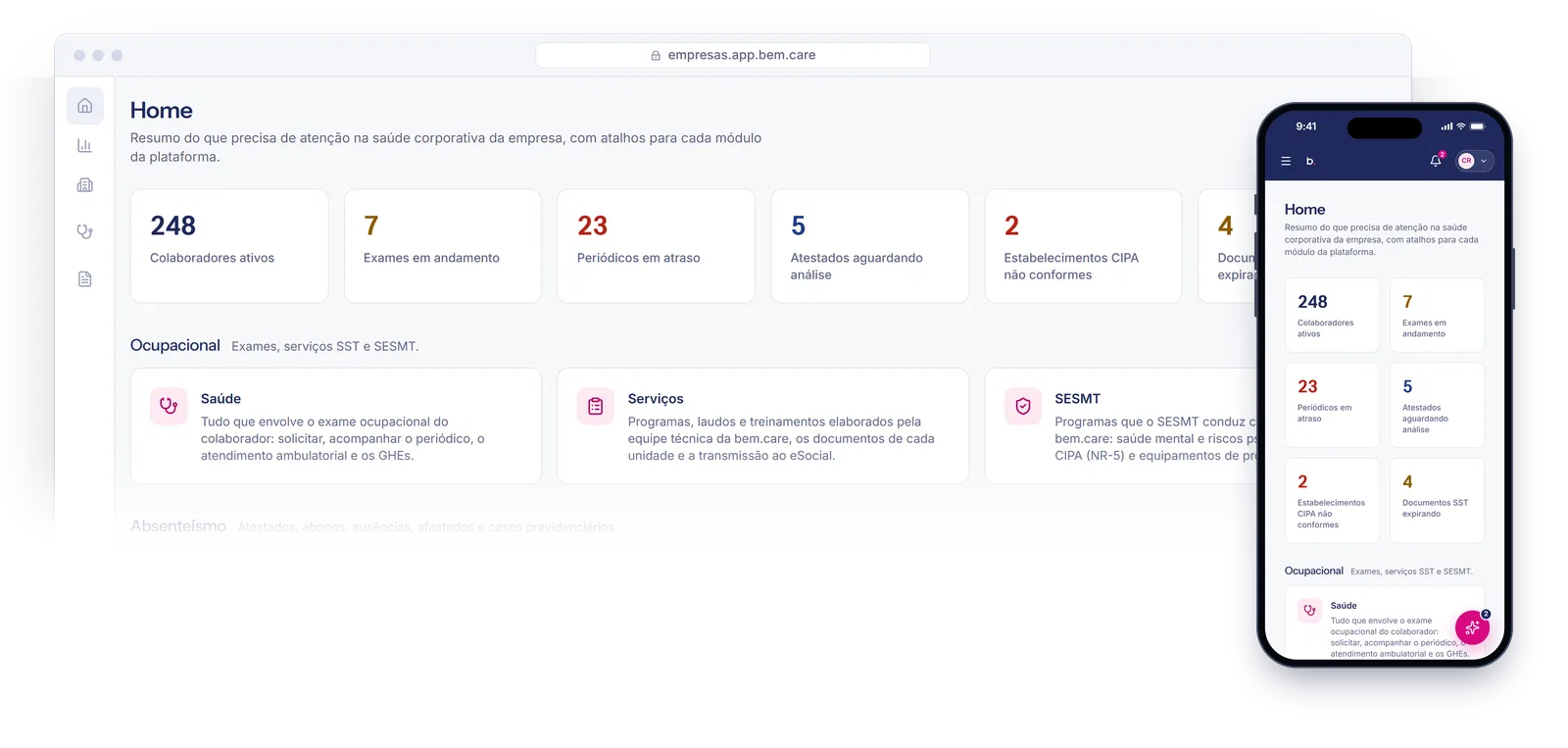 Tela inicial da nova plataforma, com os indicadores no alto e os cartões da área Ocupacional