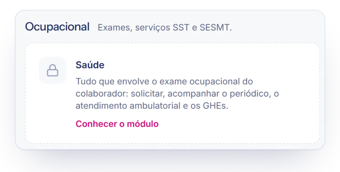 Cartão do módulo Saúde com cadeado e o link Conhecer o módulo, na tela inicial do plano Ocupacional Free