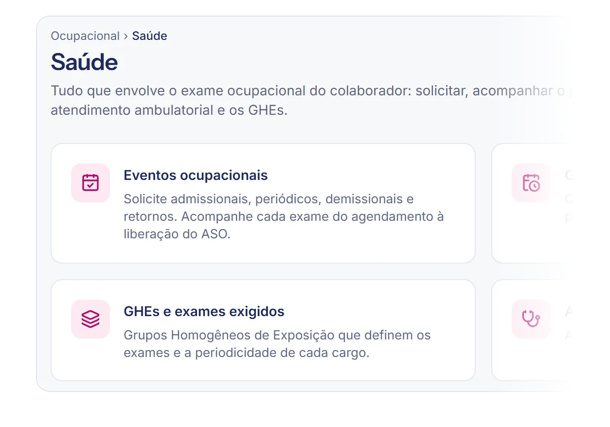 Página do módulo Saúde, com um cartão por tela